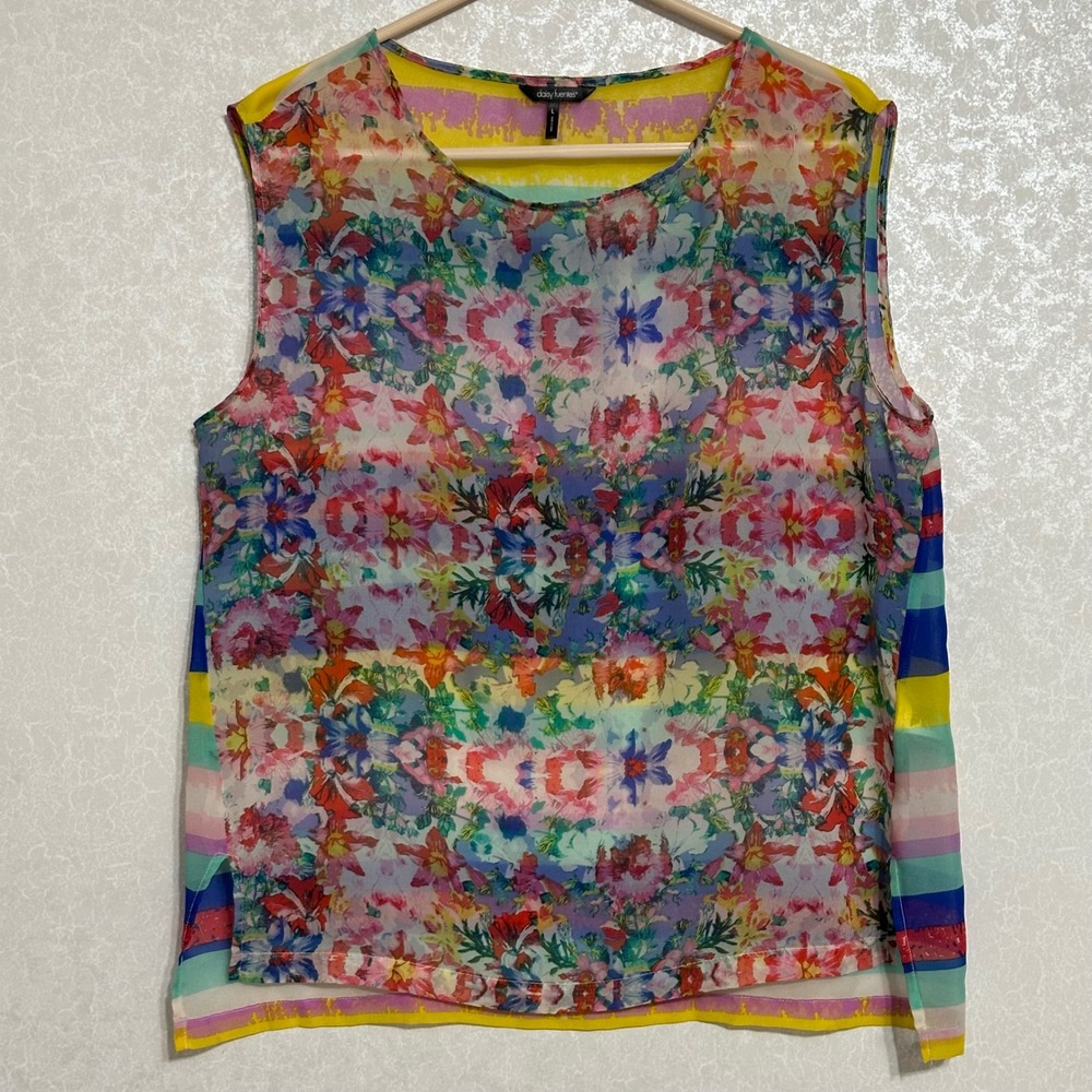 Daisy Fuentes Floral Stripe Sleeveless Blouse Sheer Colorful Shell Multi-Color L